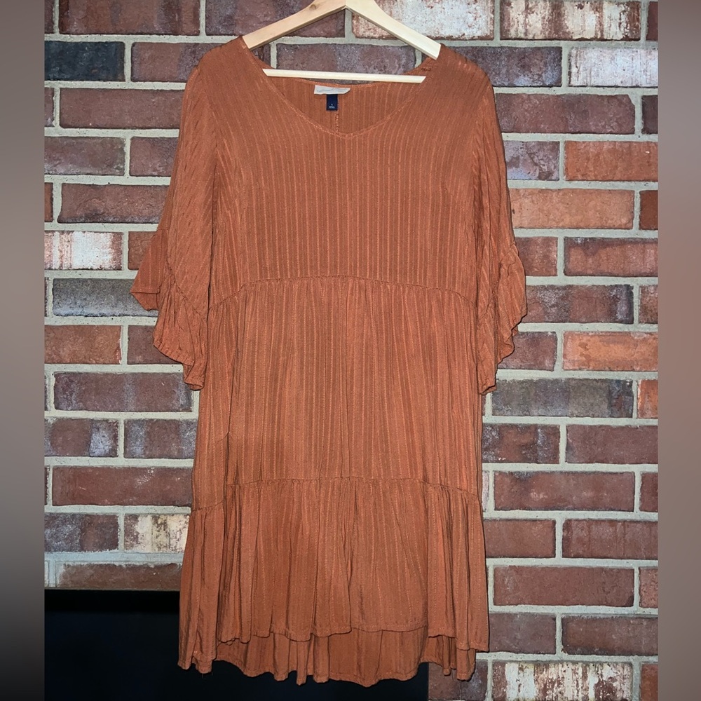 Universal thread rust orange flutter 3/4 sleeve scoop neck flowy mini dress